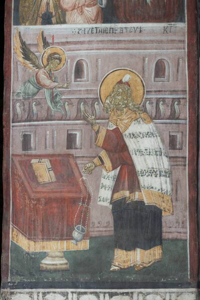 An angel informs Zacharias about the conception of St. John's forerunner