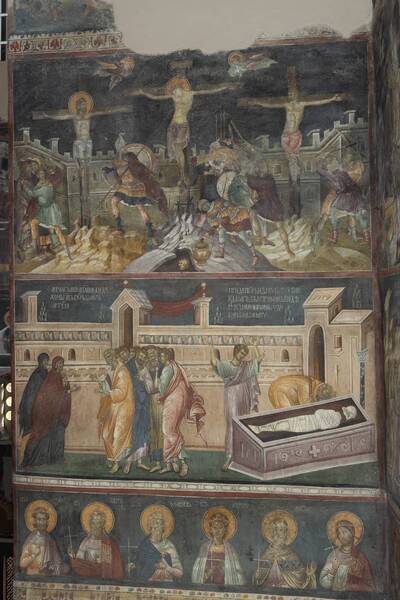 Crucifixion of Christ (top), Myrrh-bearing women (bottom)