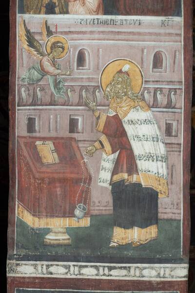 An angel informs Zacharias about the conception of St. John's forerunner