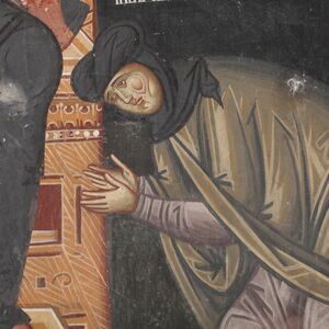 The nun Anatasija (Ana Nemanjic)  in proskynesis before the Mother of God enthroned