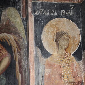 The nun Anatasija (Ana Nemanjic)  in proskynesis before the Mother of God enthroned