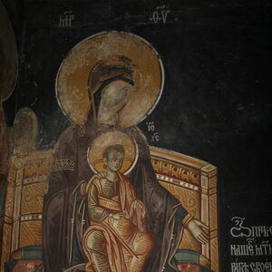 The nun Anatasija (Ana Nemanjic)  in proskynesis before the Mother of God enthroned